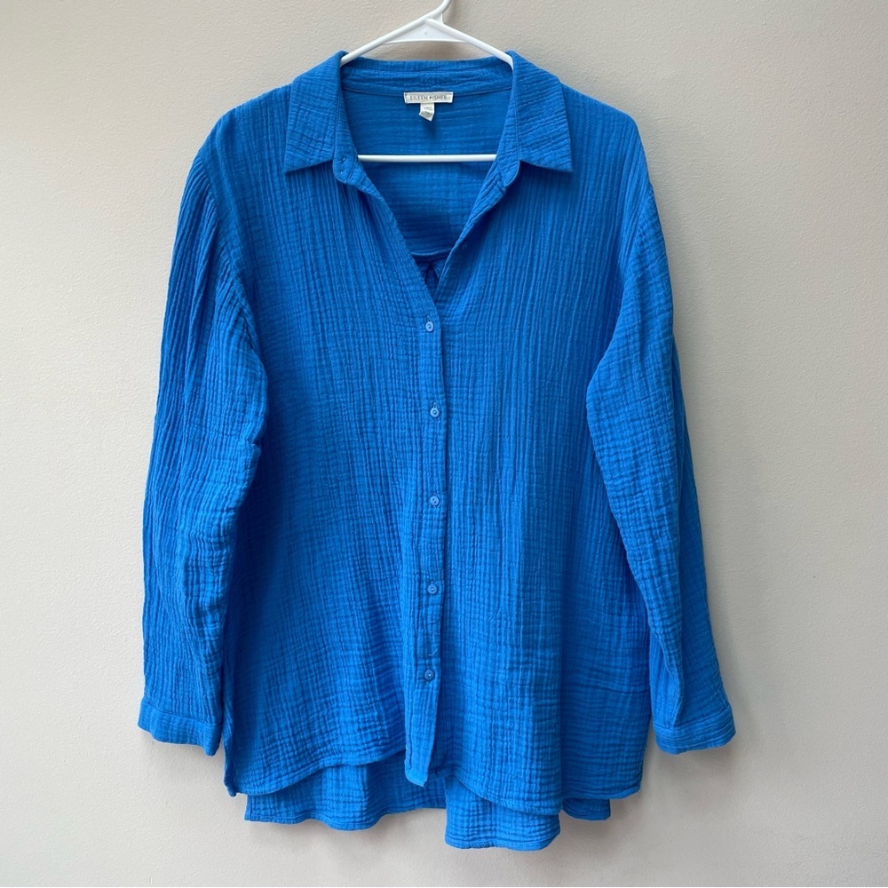 Eileen Fisher 100% Organic Blue Cotton Lofty Gauze Classic Collar Shirt Size M - Picture 3 of 6